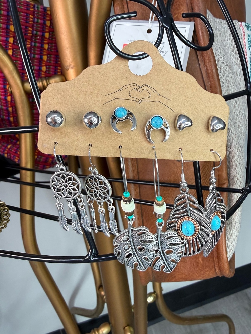 Silver-Tone Turquoise Accent Earring Set Bohemian Western 6 Pairs New